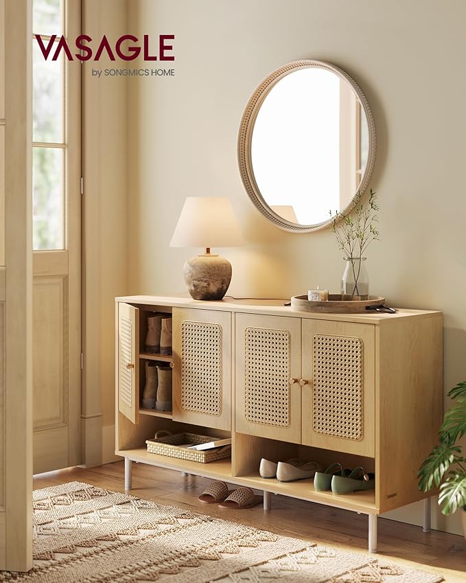 VASAGLE Natural Rattan 3-Tier Shoe Cabinet, 24 Pair Shoe Storage Cabinet, Boho Style Shoe Organizer with Height-Adjustable Shelves and Steel Legs, for Entryway, Closet, Hallway, Oak Beige ULBC050N01
