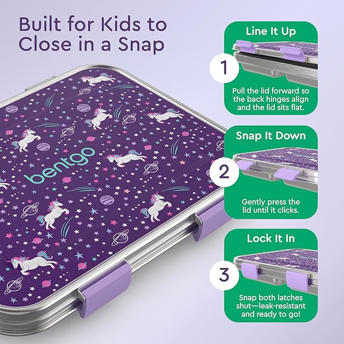 Bentgo Kids Stainless Steel Prints Leak-Resistant Lunch Box - 3-Compartments with Bonus Silicone Container, Durable, Eco-Friendly, Dishwasher Safe, BPA-Free, Ideal for School, Ages 3+ (Unicorn)