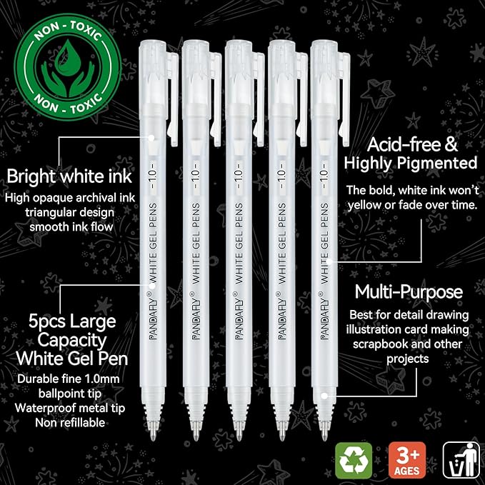 PANDAFLY White Gel Pens, 1 mm Extra Fine Point Gel Ink Pens, Opaque Archival Ink Pens for Black Paper Drawing, Sketching, Card Making, White Gel Pen for Art Highlight & Artists Drawing, 5 Pack