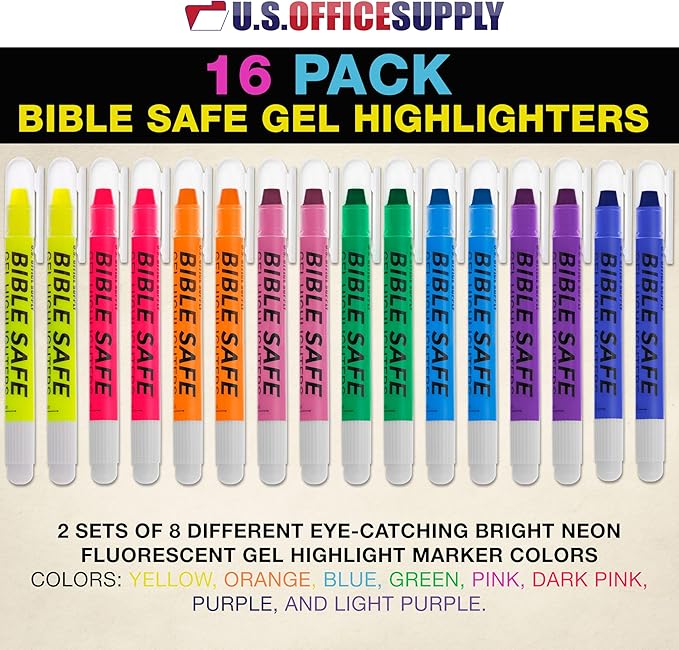 U.S. Office Supply Bible Safe Highlighter Set of 16, 2 Sets of 8 Bright Flouresent Colors, Dry Bible Highlighters No Bleed, Fade or Smear, Safe Gel Markers, Accessories, Study Guide