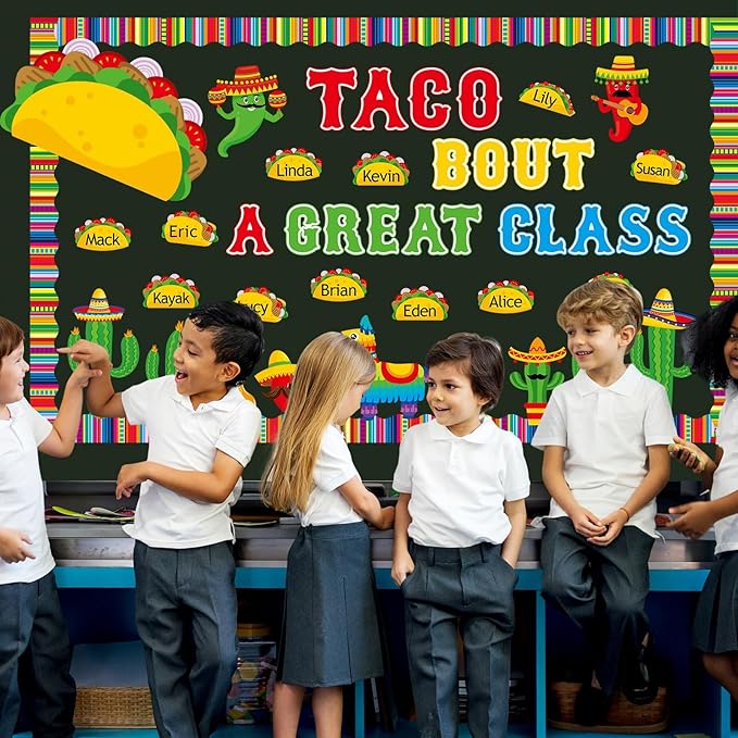 Back to School Bulletin Board Set Taco Bout a Great Class Classroom Decoration Mexican Fiesta De Mayo Themed Name Tag Cutouts for School Nursery Chalkboard Wall Door Decor Party Supplies