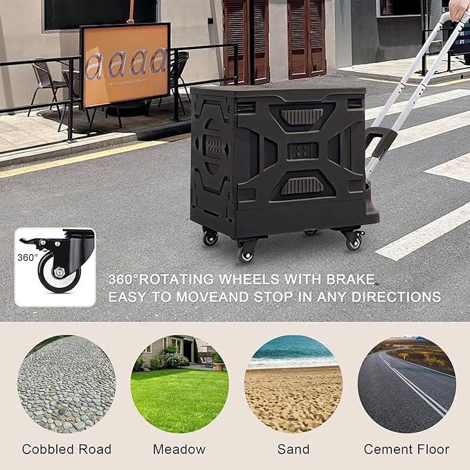 VECELO Foldable Utility Cart with Wheels - Heavy Duty Collapsible Rolling Cart for Shopping, Travel, Office & Home - Portable Luggage Cart with Telescoping Handle, Black