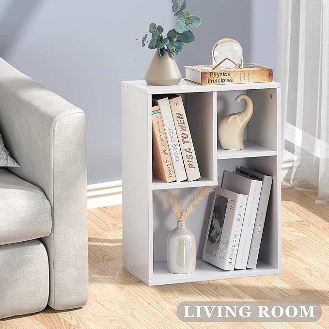VECELO Small White Bookshelf, 3 Cube Shelf, Fits Tallest Hardcovers, Horizontal Available, Short Bookcase for Small Spaces,White
