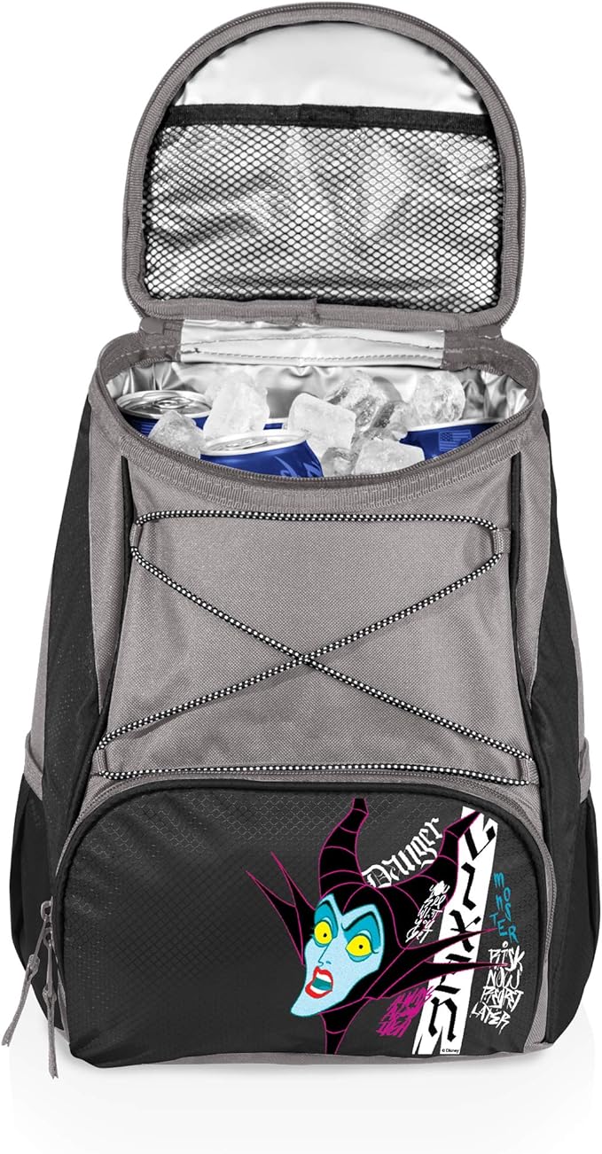 PICNIC TIME Disney Princess Sleeping Beauty Maleficent Backpack Cooler, Insulated Leakproof Soft Cooler, Waterproof Lunch Bag, Portable Travel Ice Chest (Black with Gray Accents)