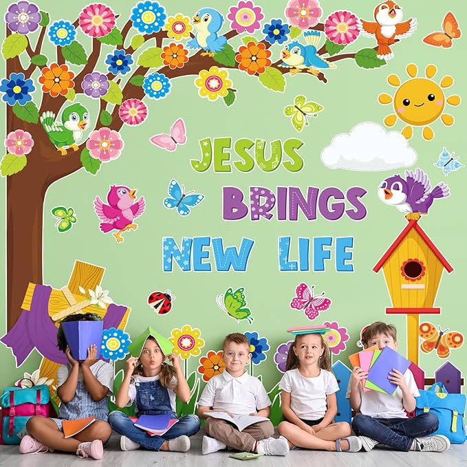 Pajean 112 Pcs Religious Bulletin Board Decorations Classroom Christian Flower Tree Bulletin Board Set Jesus Brings New Life Cutout Bible Vbs Craft for Summer Classroom Sunday School Church Supplies