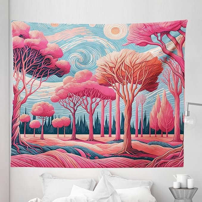 Ambesonne Trees Tapestry King Size, Surreal Post-Impressionism Themed Woodland of Dreamy Sky and Tree Pattern, Wall Hanging Bedspread Bed Cover Wall Decor, 104" X 88", Pink Coral Blue Grey