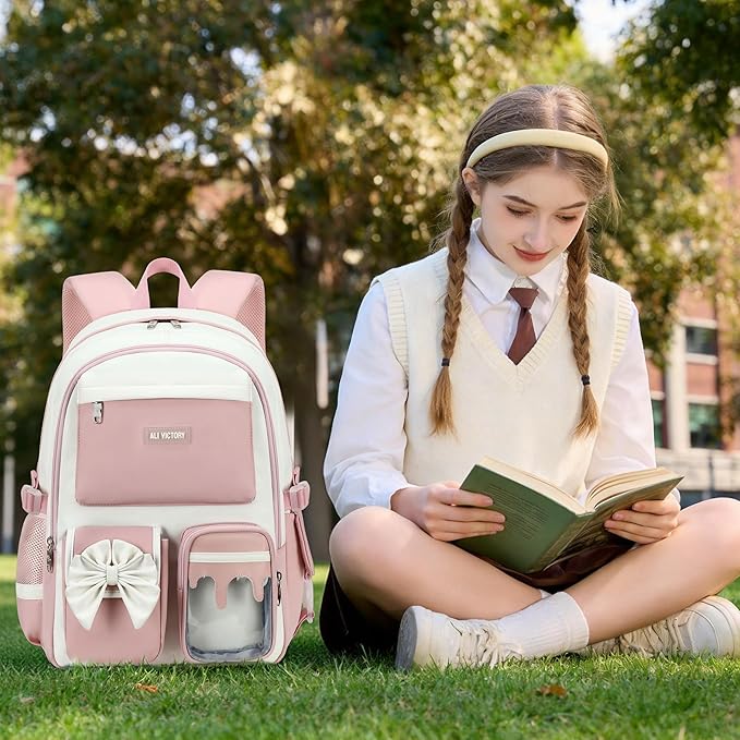 School Backpack for Girls 3PCS Nylon Kids Backpack Set with Lunch Box & Pencil Pouch, Cute Lightweight Teen Girls School Bag Laptop Bag Travel Daypack for Elementary Middle High School Beige Pink