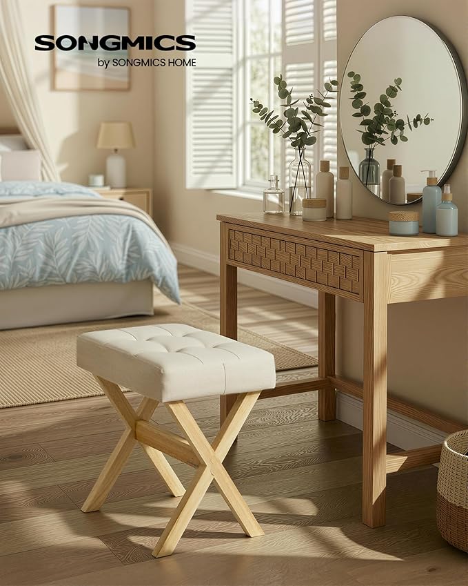 SONGMICS Makeup Stool, Padded Vanity Stool, Foot Rest, Solid Wood X Legs, for Bedroom, Closet, Entryway, 12.6 x 16.5 x 18.1 Inches, Summer Sand and Brown ULSF006LF01