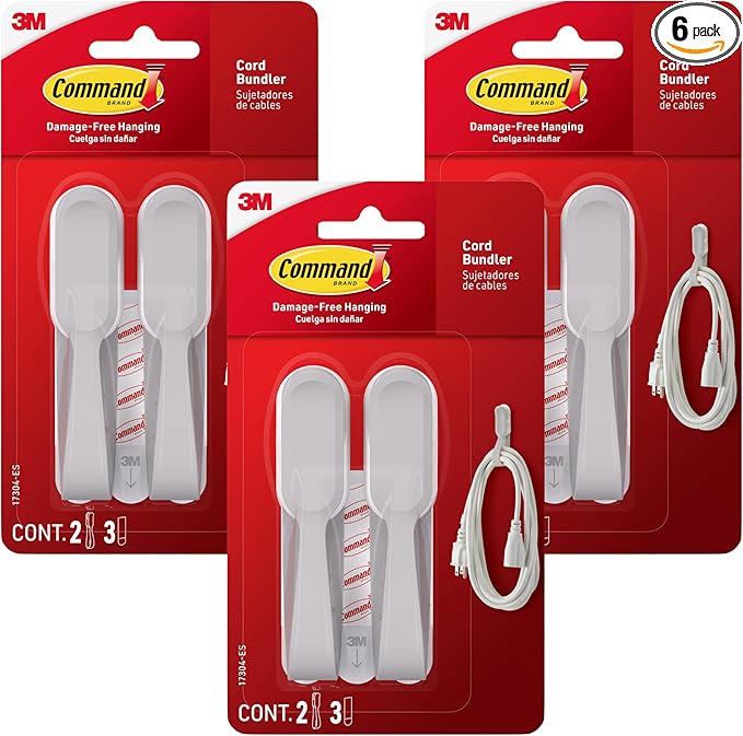 Command Cord Bundlers, Damage-Free Adhesive Cord and Cable Organizers, White, 6 Bundlers (3 Packs of 2) with Command Strips, No Tools Wall Hooks for Home, Office or Outdoor Use, Holds 2 lbs Each