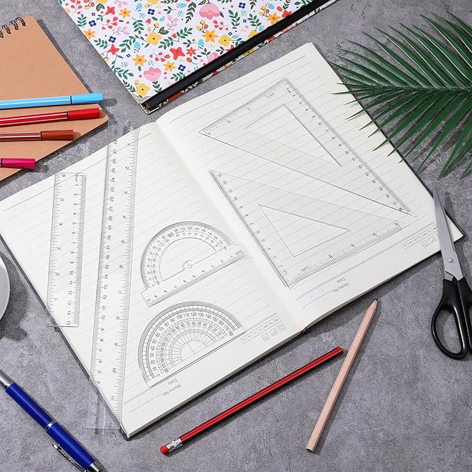 6pcs Transparent Plastic Geometry Kit Plastic Clear Ruler Math Set, Includes 6/12 Inch Straight Rulers, 2 Protractors 180 Degree, 2 Triangle Rulers Measuring Tool for Office Home Drawings