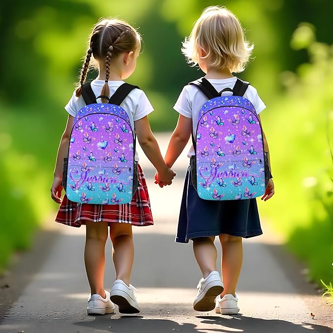 Custom Kids Backpack with Lunch Box Personalized Name Bookbag for Girls Back to School Purple Backpacks for Elementary Middle School Boys