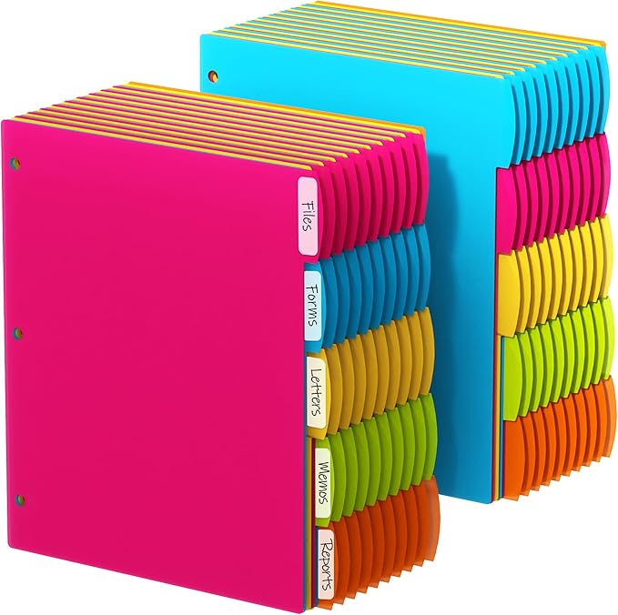 HABGP 3 Ring Binder Dividers with Tabs, 100PCS/20 Set Plastic Dividers for 3 Ring Binder, 5 Tab 3 Hole Punch Color Pages, File Dividers with Tabs,Tabbed Index