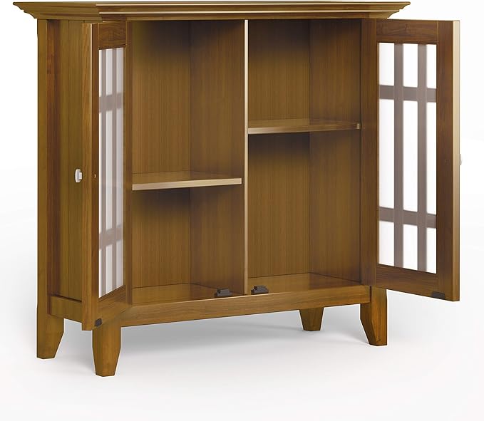 SIMPLIHOME Bedford Storage Cabinet - 32 inch Wide Solid Wood Low Media Cabinet in Light Golden Brown, Transitional Console for Living Room, Entryway, or Dining Room with Glass Doors and Shelves
