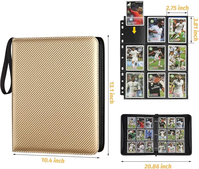 9 Pocket Card Binder, Premium Zip Trading Card Binder, 720 Double Sided Pocket PU Card Collection Binder, Collector Card Album, Card Folder for MTG, TCG, Sports Cards, Game Cards (Gold)