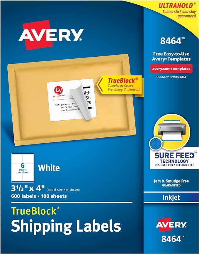 Avery Printable Shipping Labels, Sure Feed Technology, 3-1/3" x 4", White, 600 Blank Mailing Labels (8464)