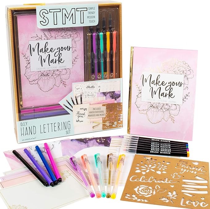 STMT DIY Make Your Mark Hand Lettering Set, Step-by-Step Beginner Modern Calligraphy Hardcover Workbook, Includes Practice Sheets, Stencils, Flexible Fine Tip & Brush Markers, DIY Calligraphy Kit