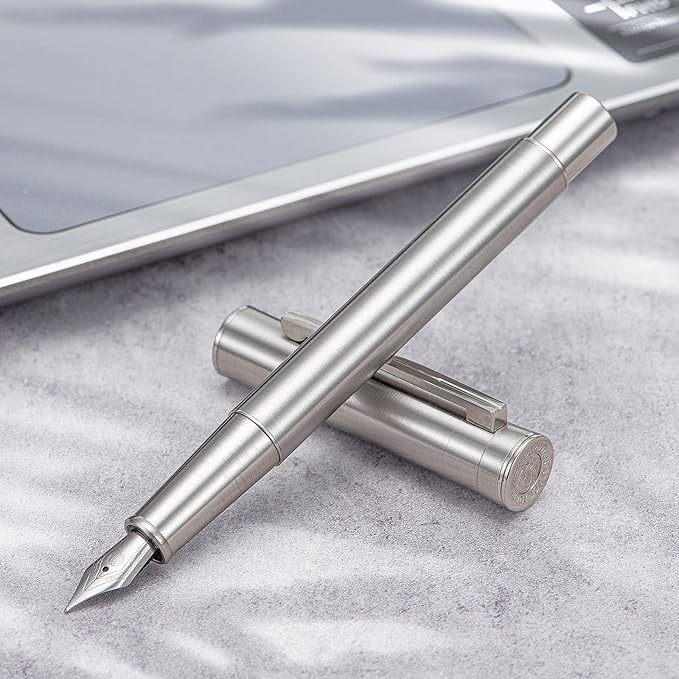 Hongdian 1861 Stainless Steel Fountain Pen Fine Nib, Classic Design Smooth Writing Pen with Converter and Metal Pen Case Set