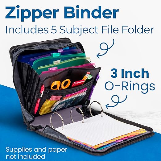 Case-it Mighty Zip Tab School Zipper Binder | 3-Inch O-Rings, 600-Sheet Capacity, 5-Subject Expanding File Folder, Multiple Pockets & Storage Organizer, Shoulder Strap | D-146 Mountains