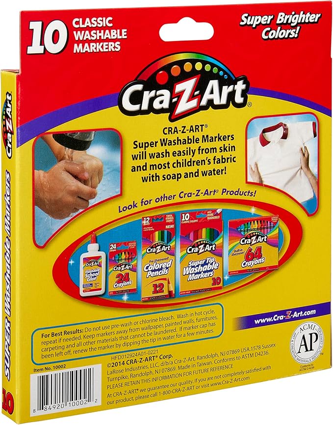 Cra-Z-Art Classic Super Washable Markers, Broad Tip, Assorted Barrel, Assorted Ink, Pack Of 10 Markers