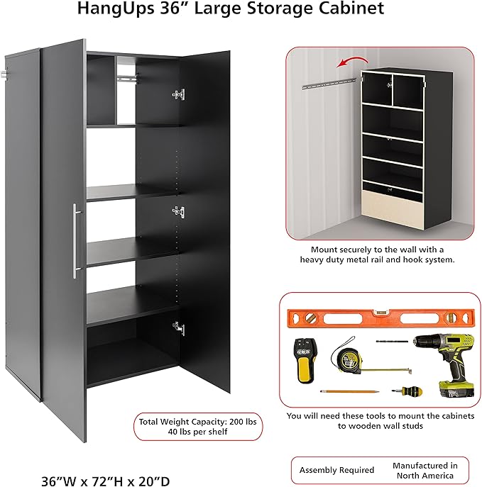 Prepac HangUps Large Storage Cabinet - Immaculate Black 36" Cabinet with Storage Shelves and Doors; Ideal for Bin and General Storage Solutions
