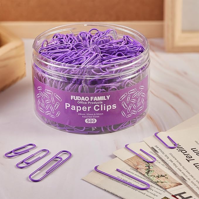 FUDAO FAMILY 500pcs Purple Paper Clips Assorted Sizes, Small, Medium and Large（1.1inch, 1.3inch and 2inch Paper Clips, Vinyl Coated Paperclips for Office, School, Home Supplies