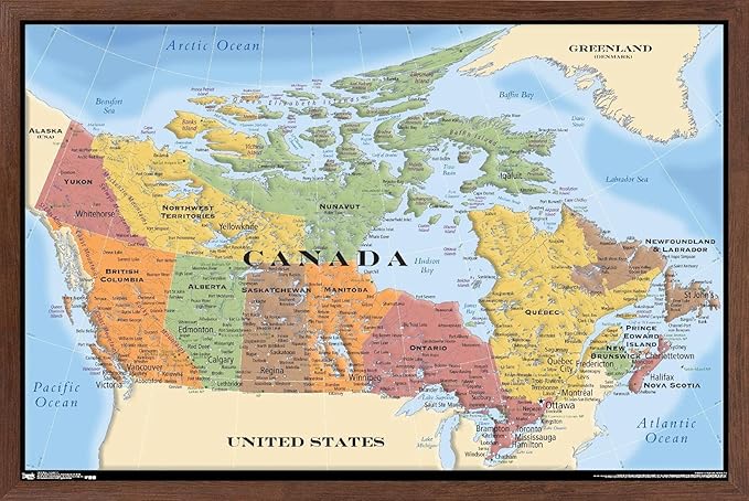 Map - Canada Wall Poster, 34L" x 22.4W", Mahogany Framed Version
