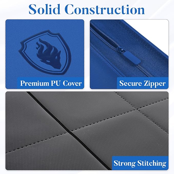 Premium Zip Card Binder 12 Pocket, Fabmaker 912 Pockets Trading Card Binder, PU Zipper Card Collection Album, Sturdy Side-Loading Card Book Holder for Game & Sports Cards, Royal Blue