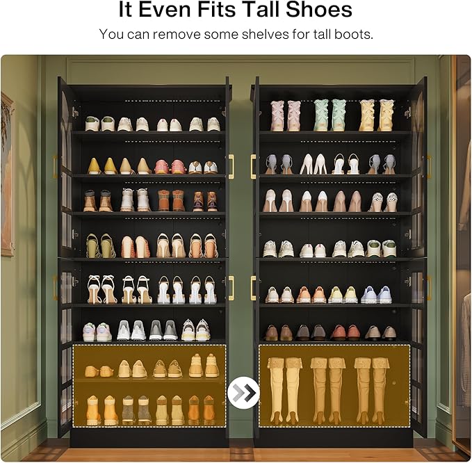 Tribesigns 69" Tall Shoe Cabinet with Doors and Led Light, 8-Tier Wooden Shoe Rack Organizer with Adjustable Shelves, Narrow Shoe Storage Cabinet for Entryway, Hallway, Living Room, Black (Set of 2)