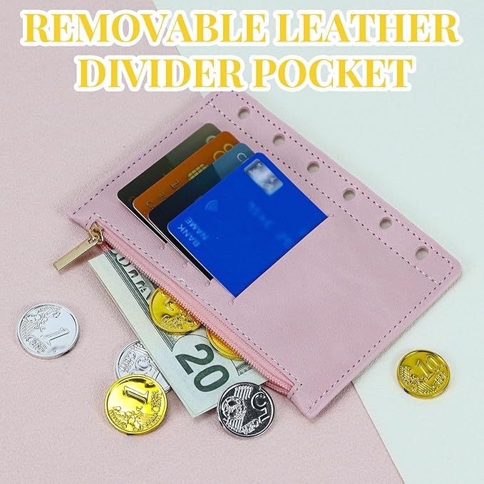 A7 Binder Refillable Planner Notebook 6 Ring, Portable Leather Organizer with Zippered Pocket, To-Do & Blank Refill Papers, Dividers, Monthly Sticker, Pen, for Students, Professionals, Travel (Sky Blue & Pink)