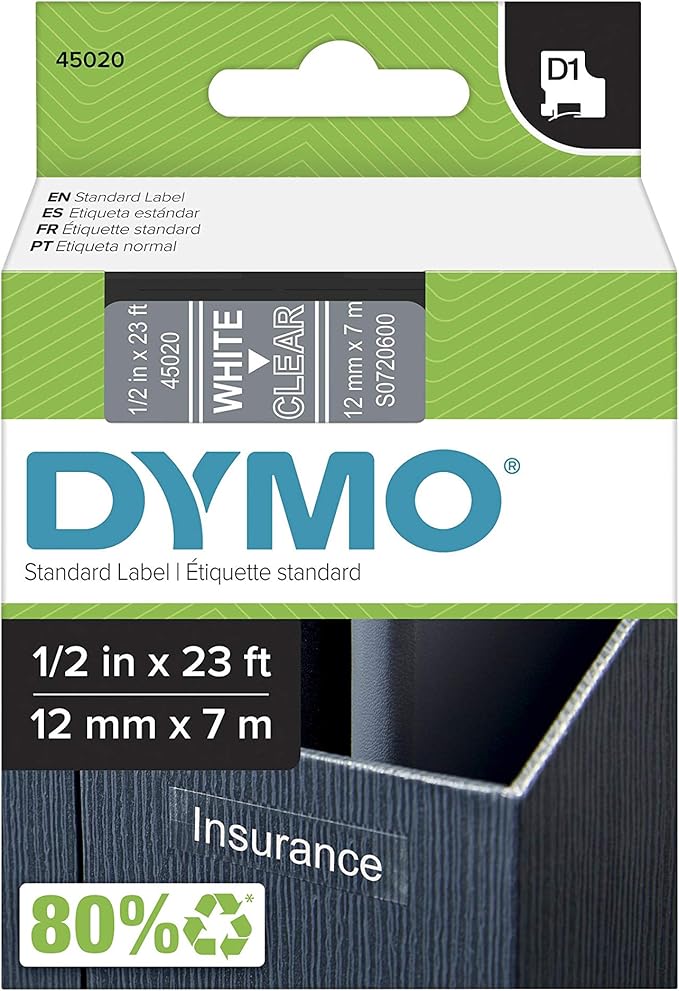 DYMO Standard D1 Labeling Tape for LabelManager Label Makers, White Print on Clear Tape, 1/2'' W x 23' L, 1 Cartridge