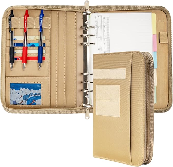 Tactical Padfolio Ring Binder with Zippered, Refillable Planner Binder Tactical Portfolio Organizer for Men, Tactical Notebook Cover for A5 Folder, Small 6 Ring Binder Military Notebook Cover(Coyote)