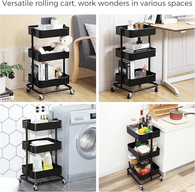 SONGMICS 3-Tier Metal Rolling Cart, Utility Cart, Kitchen Cart with Adjustable Shelves, Storage Trolley with 2 Brakes, Easy Assembly, for Kitchen, Office, Bathroom, Black UBSC60B