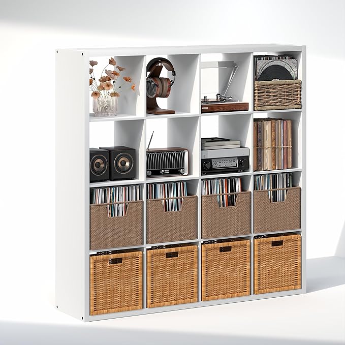 Furinno Cubicle Record Player Stand with Vinyl Storage, 16-Cube 1.2 Extra Thick Vinyl Record Storage, Open Back Media Shelf for CD DVD Blueray Game Disc, for Living Room, Home Office, White