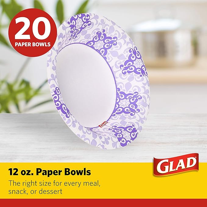 Glad Round Disposable Paper Bowls, Purple Victorian Design - Heavy Duty, Soak Proof, Cut-Resistant, Microwavable Bowl for All Foods & Daily Use, 12 Oz, 20 Count