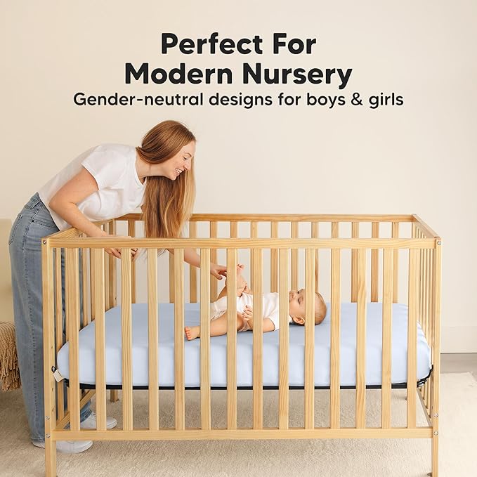 2-Pack Waterproof Crib Sheets for Boys, Girls - 52x28 Fitted Organic Cotton Baby Crib Sheets, Toddler Mattress Protector Cover, Washable, Soft & Durable Baby Bedding Essentials (Blue Flax)