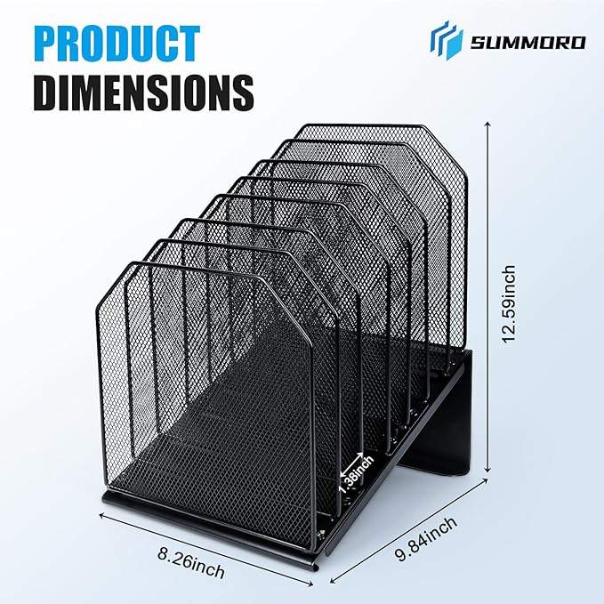Inclined File Organizer for Desk, 7-Section Vertical File Folder Holder Office Desk Organizer Metal Rack File Wire Mesh Desktop Document Sorter for Office School Classroom Home (Black)