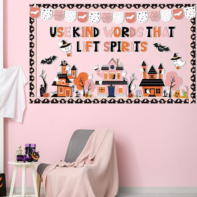 ojustbeok Halloween Bulletin Board Decorations Halloween Kind Classroom Cutouts Trick Treat Pumpkin Bat Ghost Castle Paper Decors for Holiday School Classroom Chalkboard Wall Decor Teacher Supplies