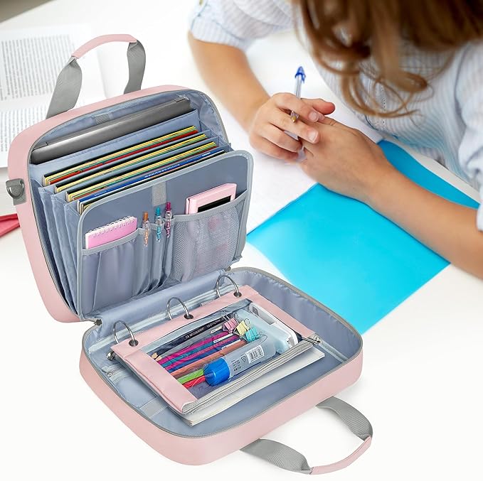 Yarwo 3 Ring Zipper Binder with Binder Pouch, Expanding File Organizer with Padded Sleeve Fit for 14 Inch Laptop, Portable Document Organizer Bag for Home, College, Office Supplies, Pink