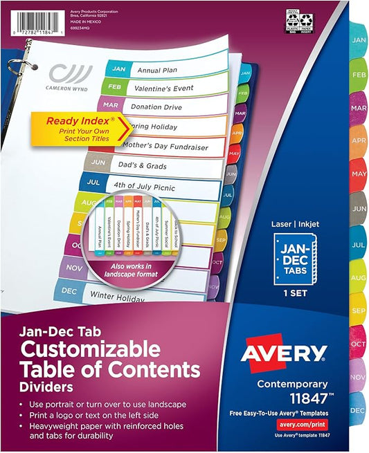 Avery Jan-Dec Dividers for 3 Ring Binders, 12 Tabs per Set, Customizable Table of Contents, Multicolor Arched Tabs, Great for Organizing Reports, Projects, and More (11847)