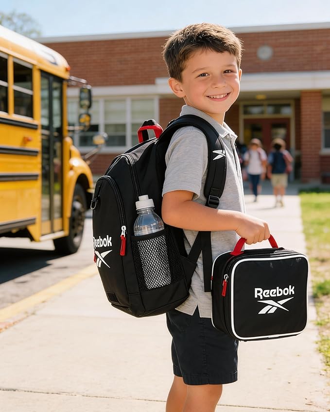 Reebok Girls and Boys Backpack - 2-in-1 Coordinated School Backpack for Girls and Boys with Detachable Lunch Box for Kids, Black