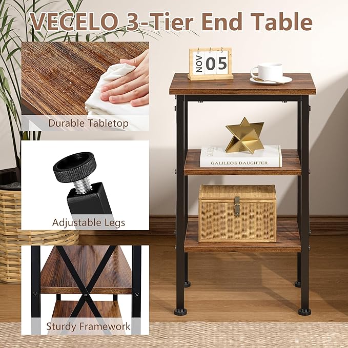 VECELO End Table Set of 2, Bedside Table, 24" Tall Living Room End Tables, X-Design Reinforced Nightstands, Side Table with 3-Tier Storage Shelves for Small Spaces, Office, Bedroom, Rustic Brown
