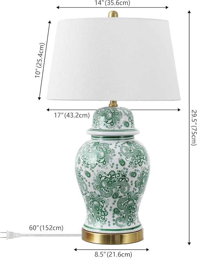 JONATHAN Y 29.5" Green/White Ceramic Table Lamp for Living Room and Office, White Linen Drum Shade, Traditional Chinoiserie Ginger Jar Lamp, LED Bulb Included (JYL3008D)