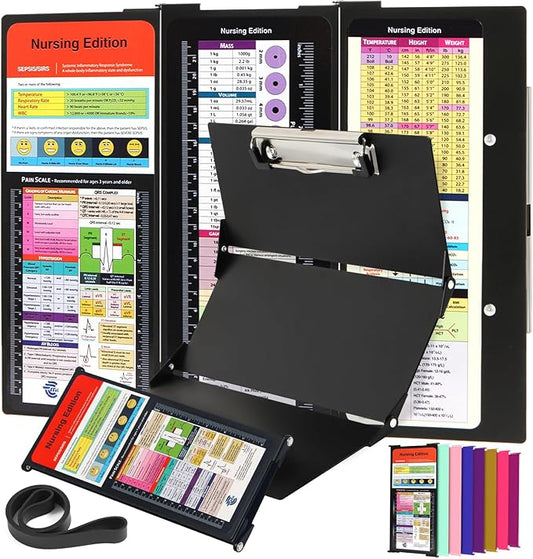 Nursing Clipboard Foldable with Medical Edition Cheat Sheets, 3 Layers Aluminum Foldable Clipboard for Nursing, Notepad for Students, Nursing School Essentials (Black)