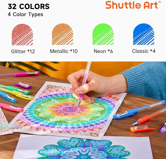 Shuttle Art Gel Pens, 32 Colors Gel Pen Set with Coloring Book for Adults Coloring Books Drawing Doodling Crafts Scrapbooking Journaling (Pack of 2)