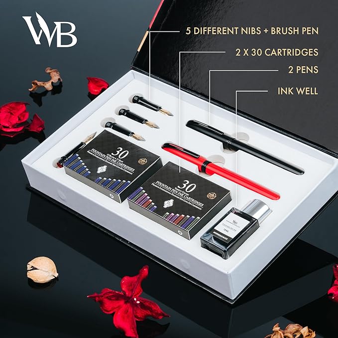Wordsworth and Black Fountain Pen Set - Black - Includes 2 Pens, 18 ML Ink Bottle, 60 Ink Cartridges, A Refill Converter, 1 Medium and 4 Broad Nibs, Brush Pen - Fountain Pen Kit for Beginners