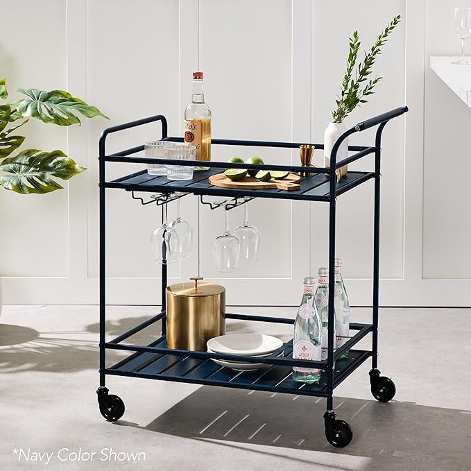 Best Choice Products Rolling Bar Cart, Mobile Home Bar Serving Cart, Serving Station w/ 2 Tier Shelves, Wine Rack, Lockable Wheels - Pink