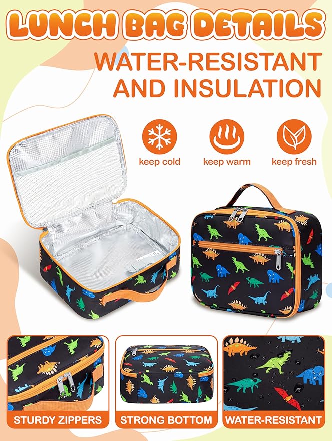 BLUEFAIRY Kids Backpack with Lunch Box for Girls Boys Elementary Primary Middle School Bag with Lunch Bag Set 17 Inch Bookbag Mochilas Escolares para Niñas Niños (Dinosaur, Orange)