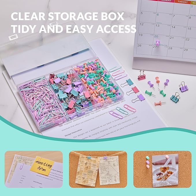 350pcs Paper Clips Binder Clips and Push Pins Set, Small Clips Office Supplies in Compartments Container for Multipurpose Document Organization (Pastel)