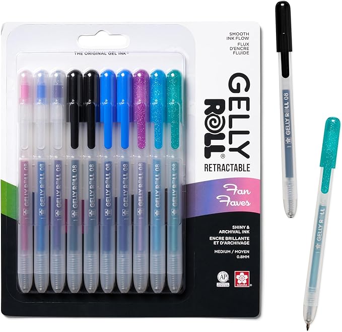 SAKURA Gelly Roll Retractable Gel Pens Colored - Sparkle Color Set - Art Gifts, Holiday Gifts & DIY Projects - Medium Point - With Glitter, Metallic, Blue & Black Pens - 10 Pack