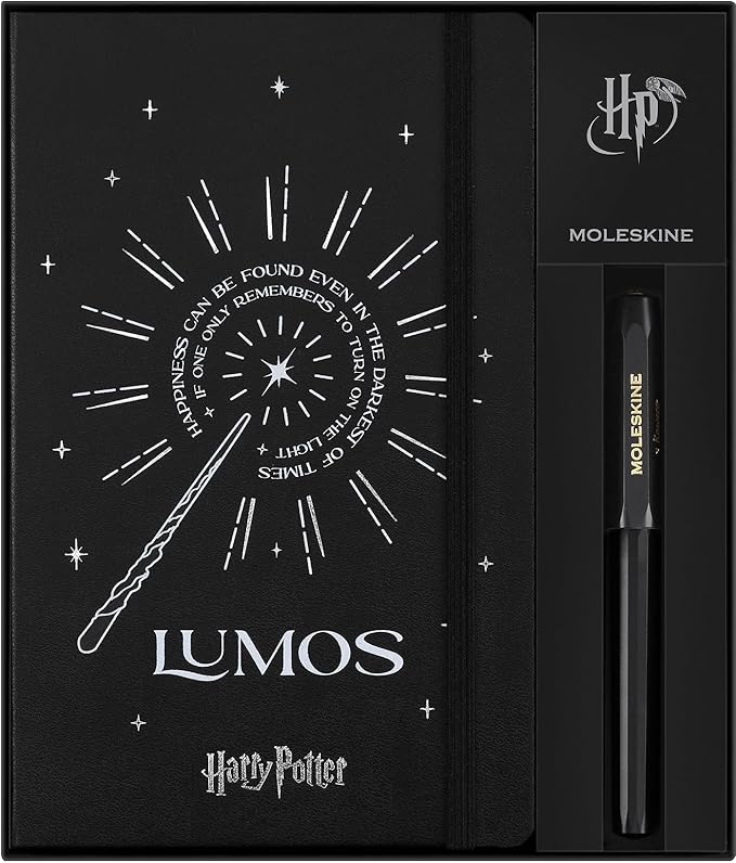 Moleskine Wizarding World Harry Potter Limited Edition Spells Collection, Lumos Themed Bundle Notebook and Kaweco Roller Pen, Hard Cover, Ruled, Large (5" x 8.25"), Black, 176 Pages